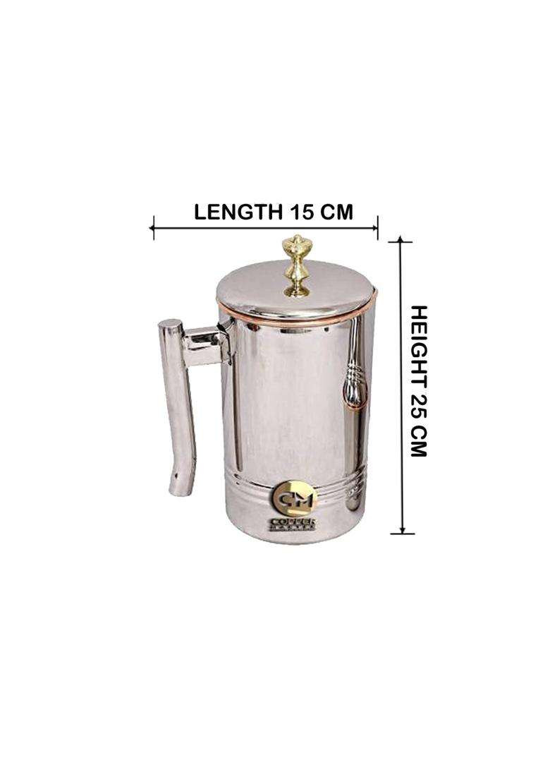 Copper-Master Copper Steel Premium Jug Set with Brass Knob 1 Jug and 2 Pari Glasses with Box | 1500 ml | 50.7 fl oz - Indya
