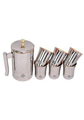 INDIAN ART VILLA Steel Copper Jug Pitcher with Brass Knob and 6 Glass Set | 7-Piece Set
