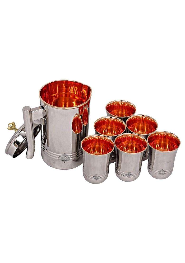 INDIAN ART VILLA Steel Copper Jug Pitcher with Brass Knob and 6 Glass Set | 7-Piece Set - Indya