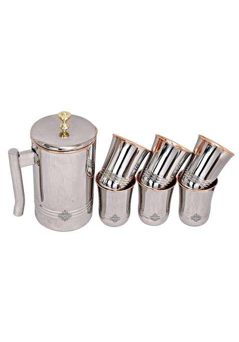 INDIAN ART VILLA Steel Copper Jug Pitcher with Brass Knob and 6 Glass Set | 7-Piece Set