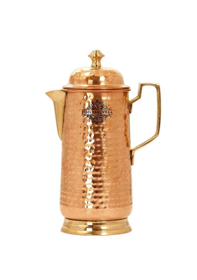 INDIAN ART VILLA Pure Copper Hammered Water Carafes with Brass Handle and Lid | 1600 ml | 54.1 fl oz - Indya