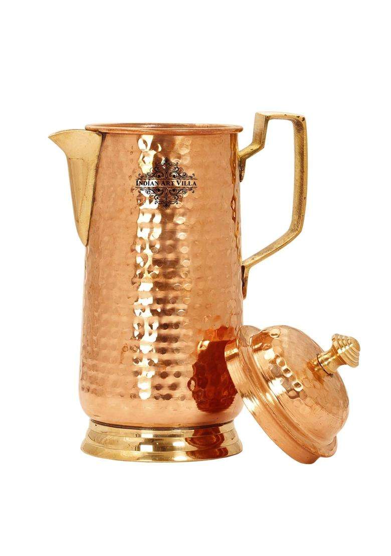 INDIAN ART VILLA Pure Copper Hammered Water Carafes with Brass Handle and Lid | 1600 ml | 54.1 fl oz - Indya