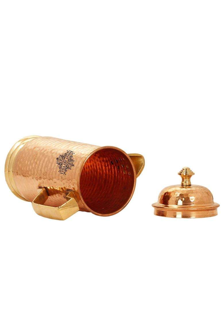 INDIAN ART VILLA Pure Copper Hammered Water Carafes with Brass Handle and Lid | 1600 ml | 54.1 fl oz - Indya
