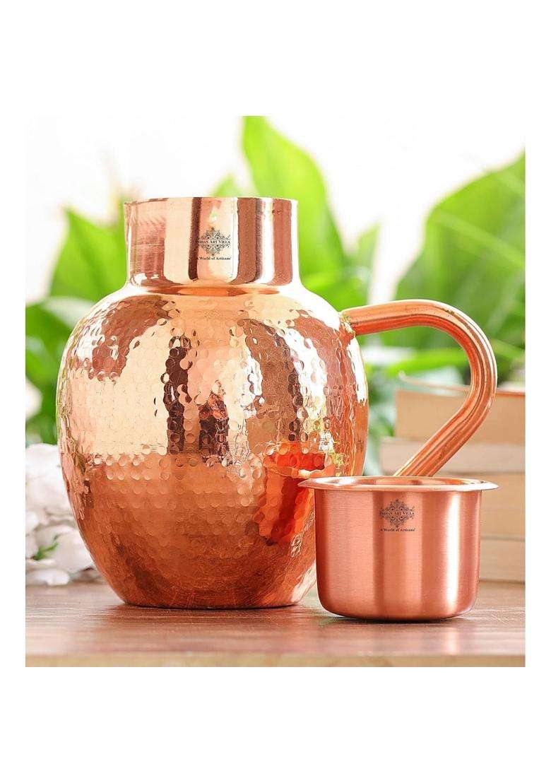 INDIAN ART VILLA Hammered Royal Surahi Design Copper Jug Pitcher | 1600 ml | 54.1 fl oz - Indya