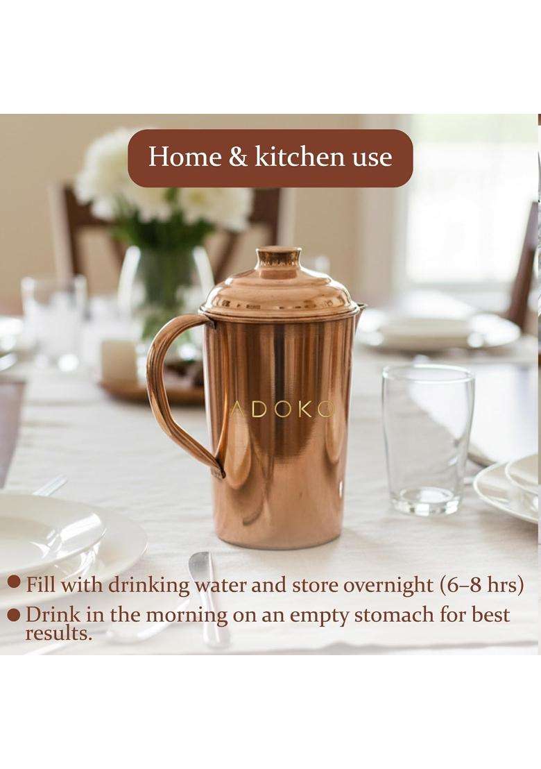 Adoko Pure Copper Water Jug | 2 L | 2.1 Qt | Handcrafted | Leak Proof - Indya