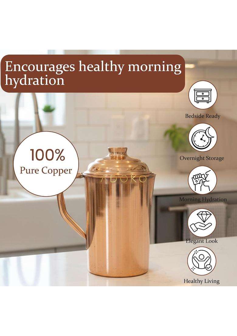 Adoko Pure Copper Water Jug | 2 L | 2.1 Qt | Handcrafted | Leak Proof - Indya