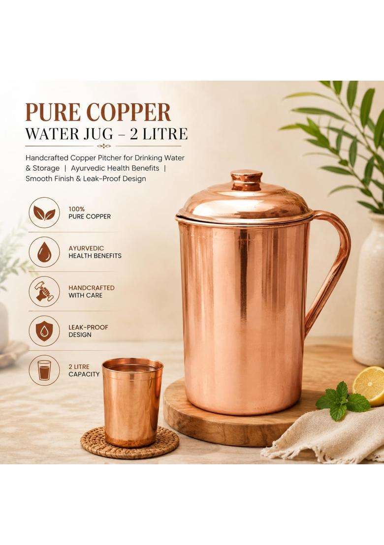 Adoko Pure Copper Water Jug | 2 L | 2.1 Qt | Handcrafted | Leak Proof - Indya