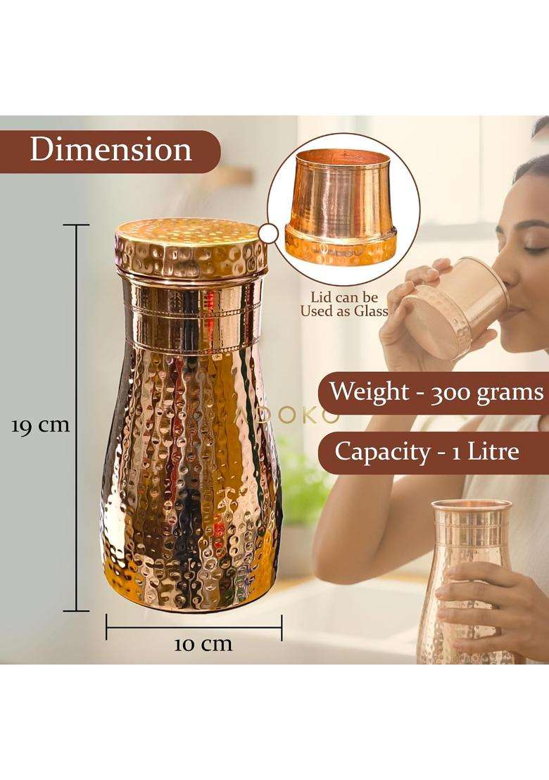Adoko 100 Pure Copper Bedside Water Bottle with Glass Lid | 1 L | 1.1 Qt - Indya