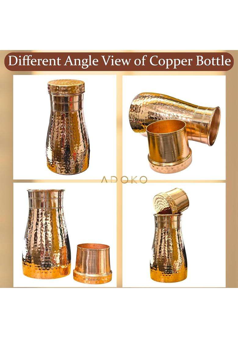 Adoko 100 Pure Copper Bedside Water Bottle with Glass Lid | 1 L | 1.1 Qt - Indya
