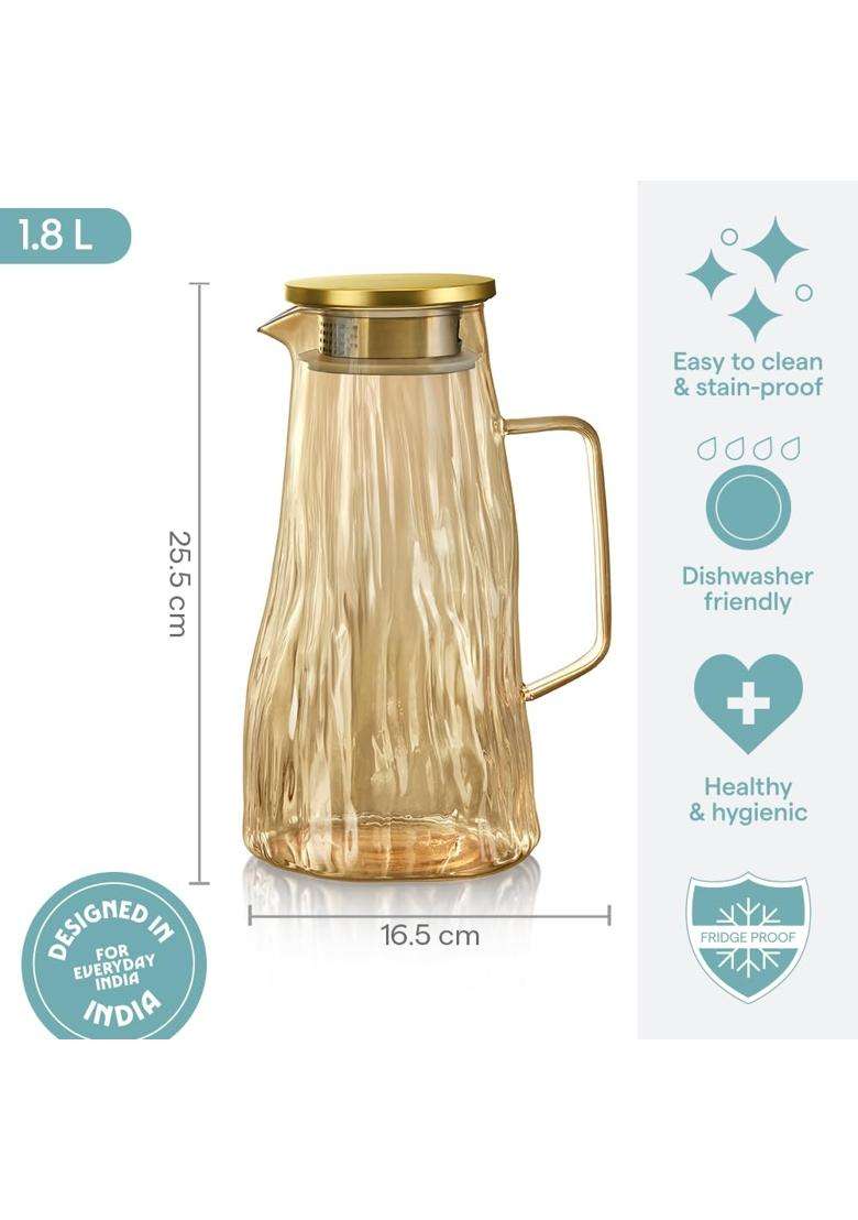 Borosil Auk Amber Borosilicate Glass Jug with Stainless Steel Lid | 1.8 L | 1.9 Qt - Indya