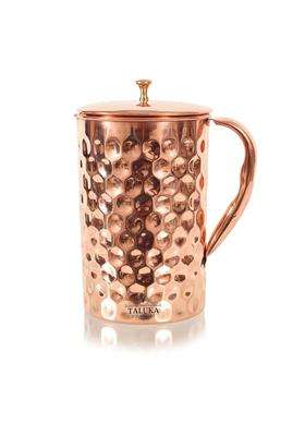 Taluka With T Logo Taluka Copper Hammered Diamond Design Jug Pitcher Brass Knob Lid for Storage | 2000 ml | 67.6 fl oz