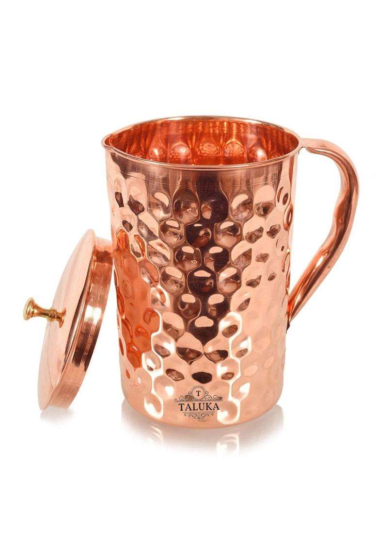 Taluka With T Logo Taluka Copper Hammered Diamond Design Jug Pitcher Brass Knob Lid for Storage | 2000 ml | 67.6 fl oz - Indya