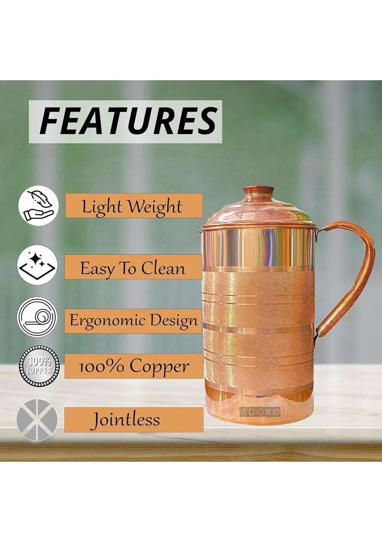 Adoko Pure Copper Water Jug Copper Pitcher for Drinking Water and Storage | 1.5 L | 1.6 Qt - Indya