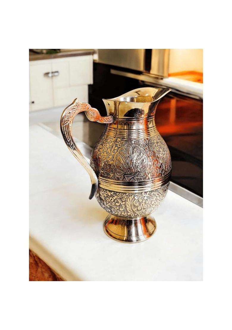 PITAL CRAFT VATIKA Brass Jug Pitcher Designer Embossed Design Mughal Style for Serving Drinking | 2 L | 2.1 Qt - Indya