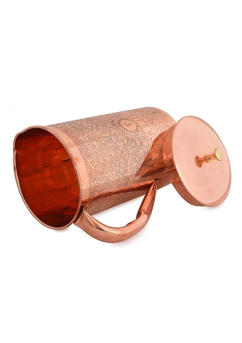 Taluka With T Logo Taluka Pure Copper Embossed Water Jug Pitcher with Brass Knob Water Storage | 2000 ml | 67.6 fl oz - Indya