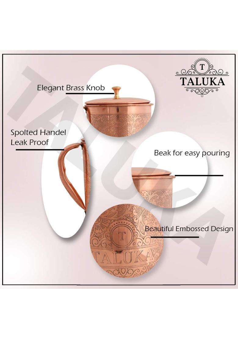 Taluka With T Logo Taluka Pure Copper Embossed Water Jug Pitcher with Brass Knob Water Storage | 2000 ml | 67.6 fl oz - Indya