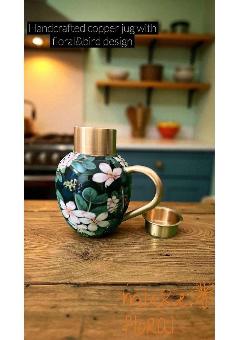 muke floral Premium Floral Designer Copper Jug with Handle | 1.5 L | 1.6 Qt | Handcrafted - Indya