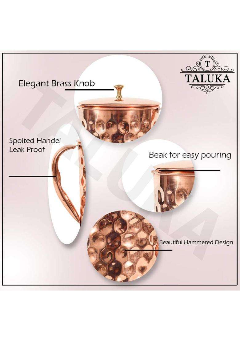 Taluka With T Logo Taluka Copper Hammered Diamond Design Jug Pitcher Brass Knob Lid for Storage | 1500 ml | 50.7 fl oz - Indya