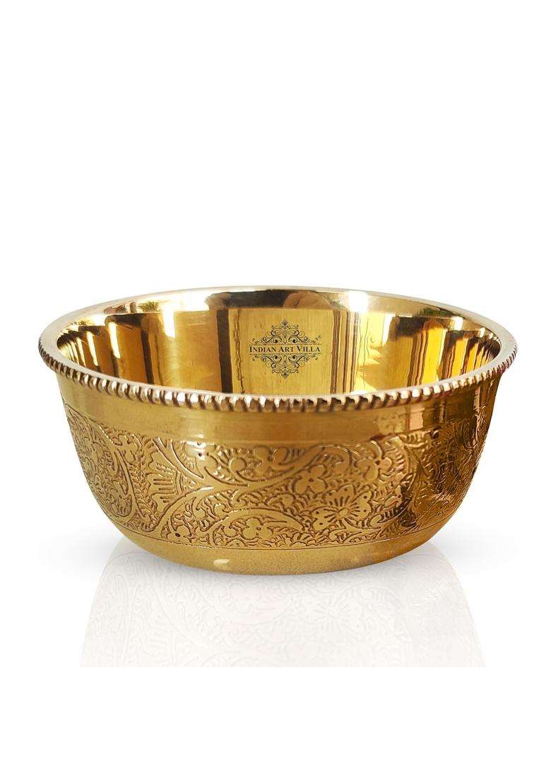 INDIAN ART VILLA Brass Floral Bowl Gold Finish Decorative Serving Bowl for Dry Fruits | 250 ml | 8.5 fl oz - Indya