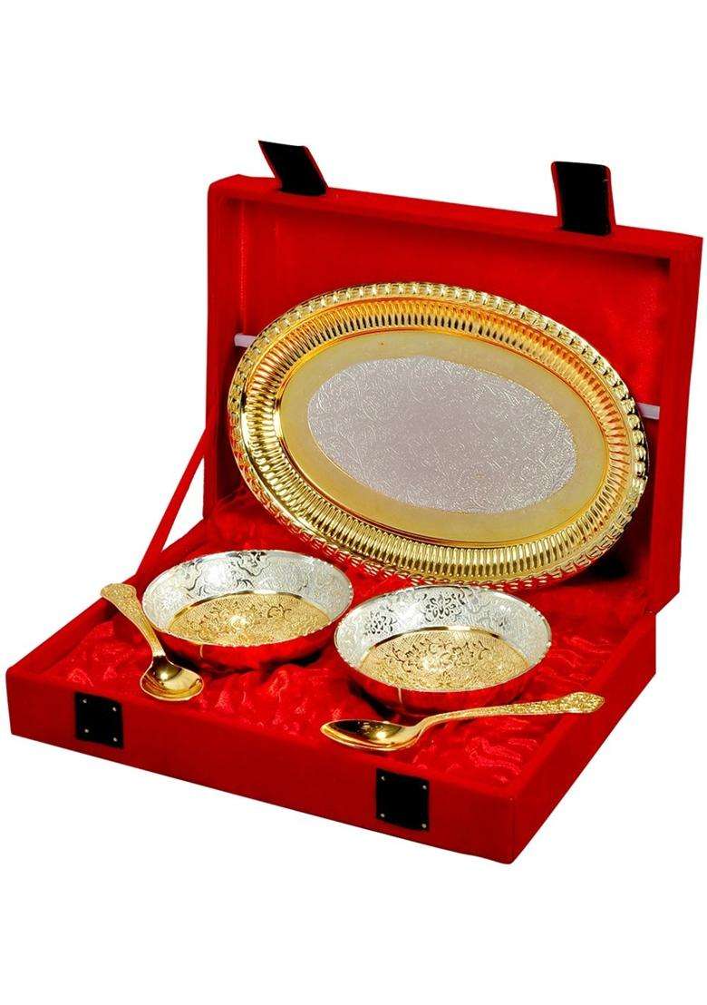 JAIPUR ACE Silver and Gold Plated Brass Bowl Spoon and Tray Set | 5-Piece Set - Indya
