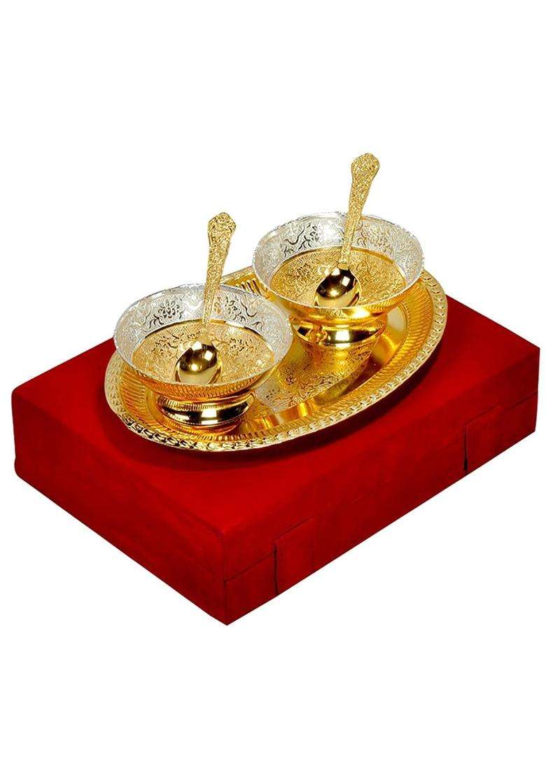 JAIPUR ACE Silver and Gold Plated Brass Bowl Spoon and Tray Set | 5-Piece Set - Indya