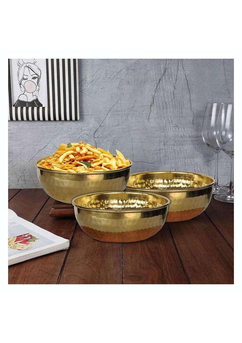 Pure Source India Brass Hammered Serving Bowl | 350 ml | 11.8 fl oz | 2-Piece Set | Food Safe - Indya