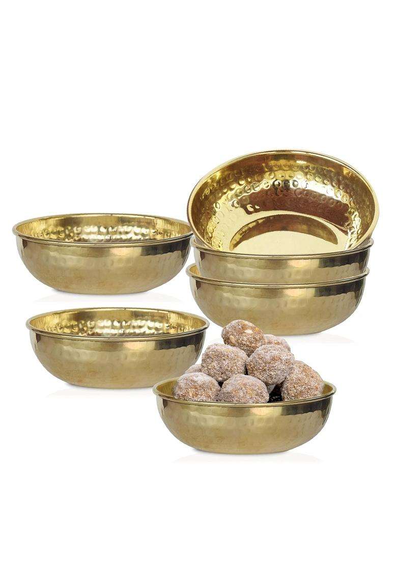 Pure Source India Brass Hammered Serving Bowl | 100 ml | 3.4 fl oz | 6-Piece Set | Food Safe - Indya