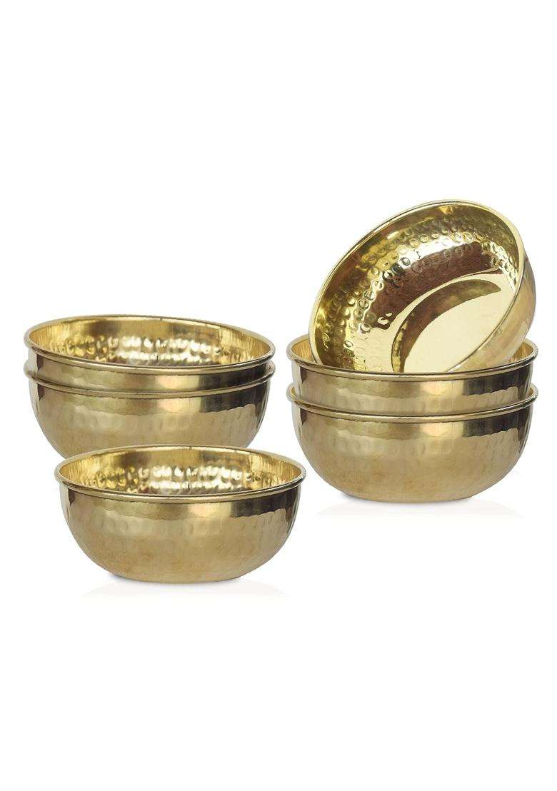 Pure Source India Brass Hammered Serving Bowl | 100 ml | 3.4 fl oz | 6-Piece Set | Food Safe - Indya