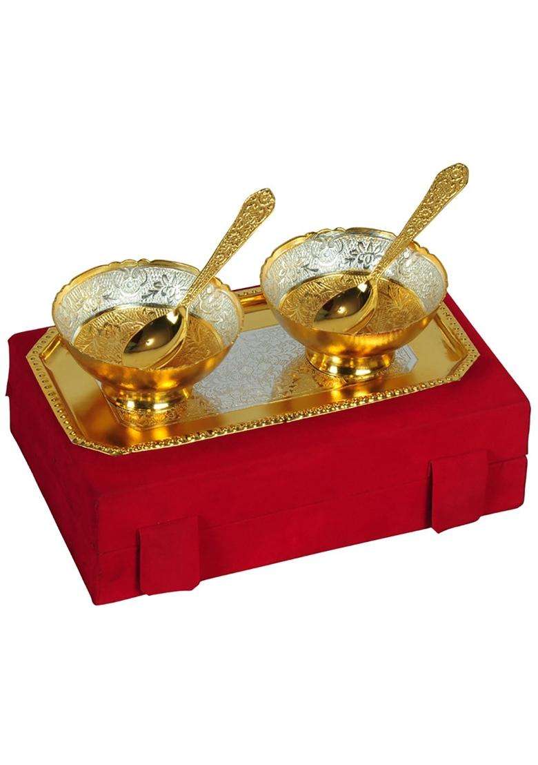 JAIPUR ACE Festival Gifts Silver and Gold Plated Brass Bowl Set | 5-Piece Set - Indya