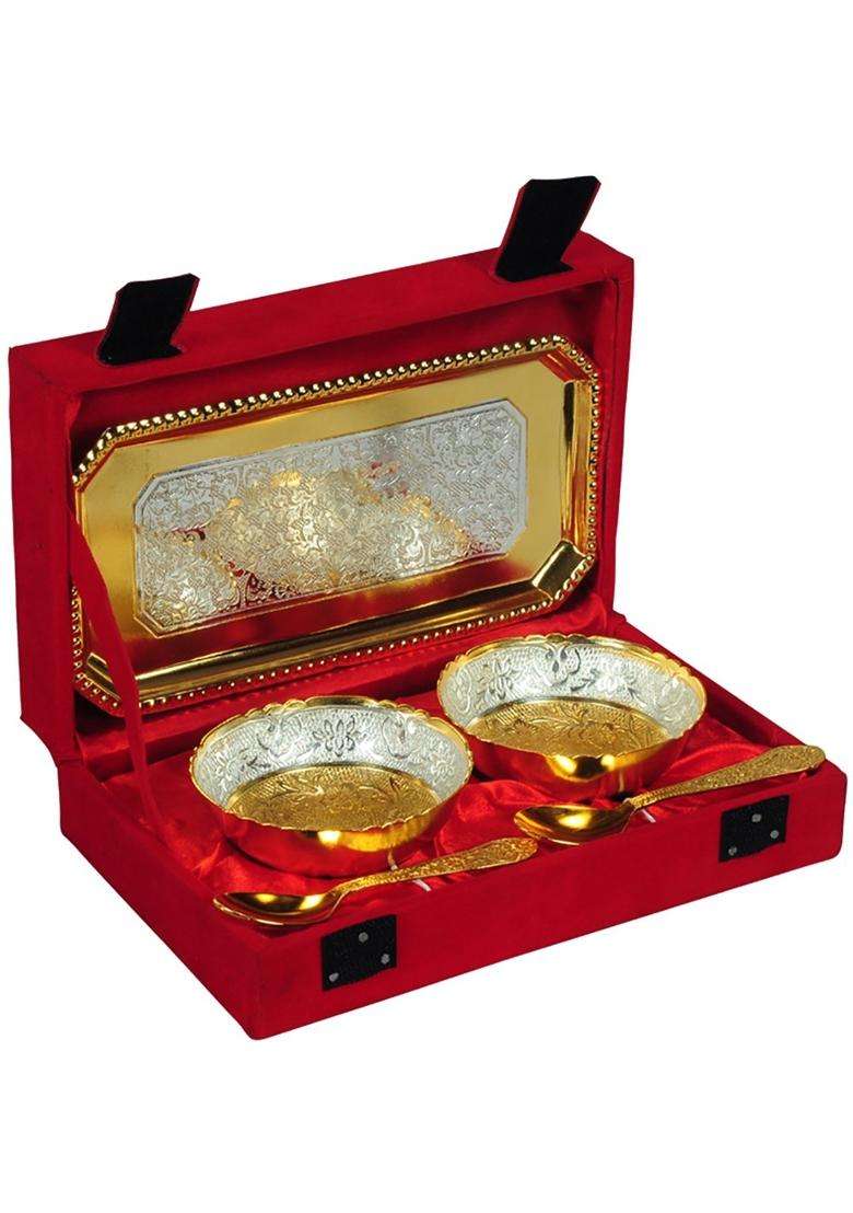 JAIPUR ACE Festival Gifts Silver and Gold Plated Brass Bowl Set | 5-Piece Set - Indya