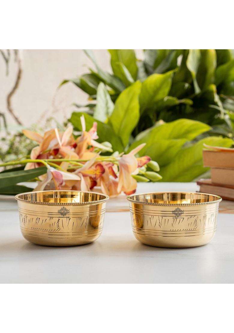 INDIAN ART VILLA Brass Bowl with Etching and Beeding Design | 250 ml | 8.5 fl oz | 4 Inch - Indya