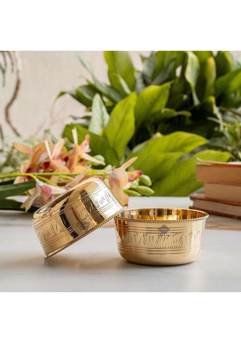 INDIAN ART VILLA Brass Bowl with Etching and Beeding Design | 250 ml | 8.5 fl oz | 4 Inch - Indya