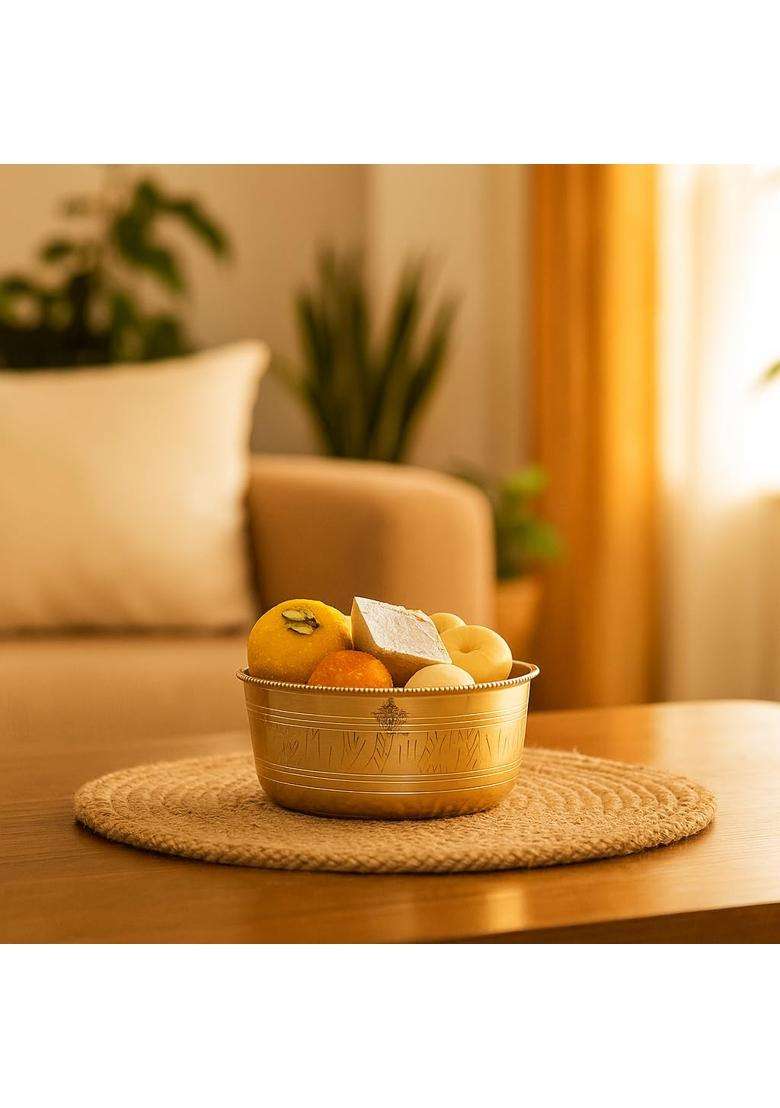 INDIAN ART VILLA Brass Bowl with Etching and Beeding Design | 250 ml | 8.5 fl oz | 4 Inch - Indya