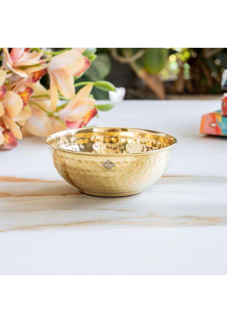 INDIAN ART VILLA Brass Hammered Shine Finish Bowl | 250 ml | 8.5 fl oz - Indya