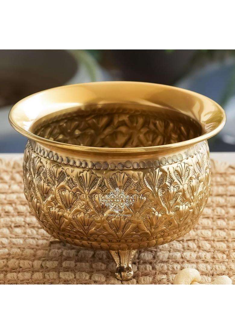 INDIAN ART VILLA Brass Designer Golden Decorative Bowl with 3 Legs | 250 ml | 8.5 fl oz | 4.3 Inch - Indya
