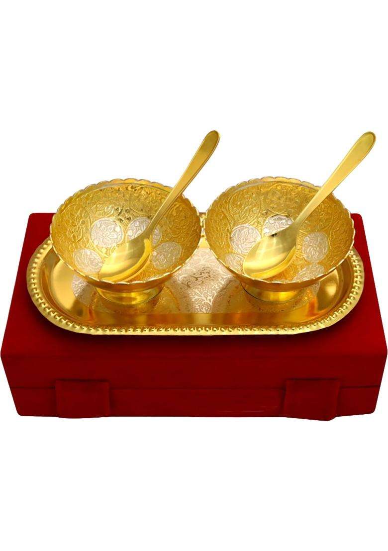 JAIPUR ACE Gold Plated Brass Bowl with Spoons and Gift Box | 2-Piece Set - Indya