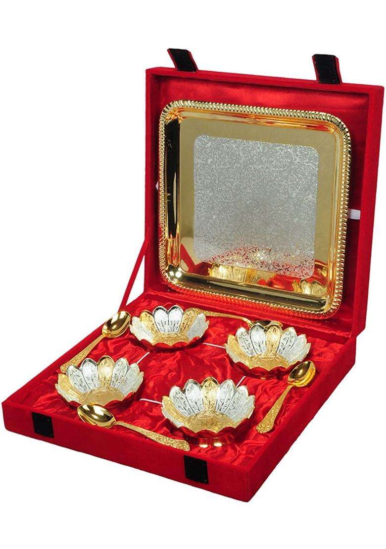 JAIPUR ACE Brass Floral Bowl with Tray Set of Gold Serving Bowls for Dry Fruits | 400 ml | 13.5 fl oz | 9-Piece Set - Indya