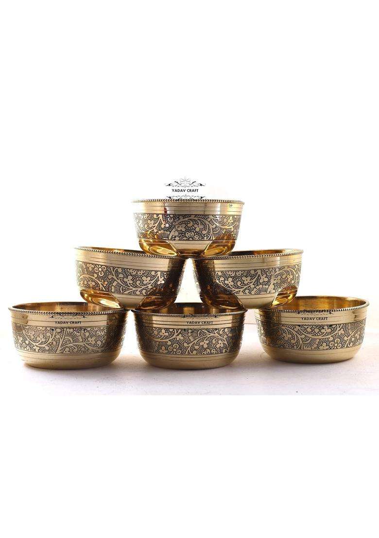 Yadav Craft Embossed Beautiful Flower Design Brass Bowl | 6-Piece Set - Indya