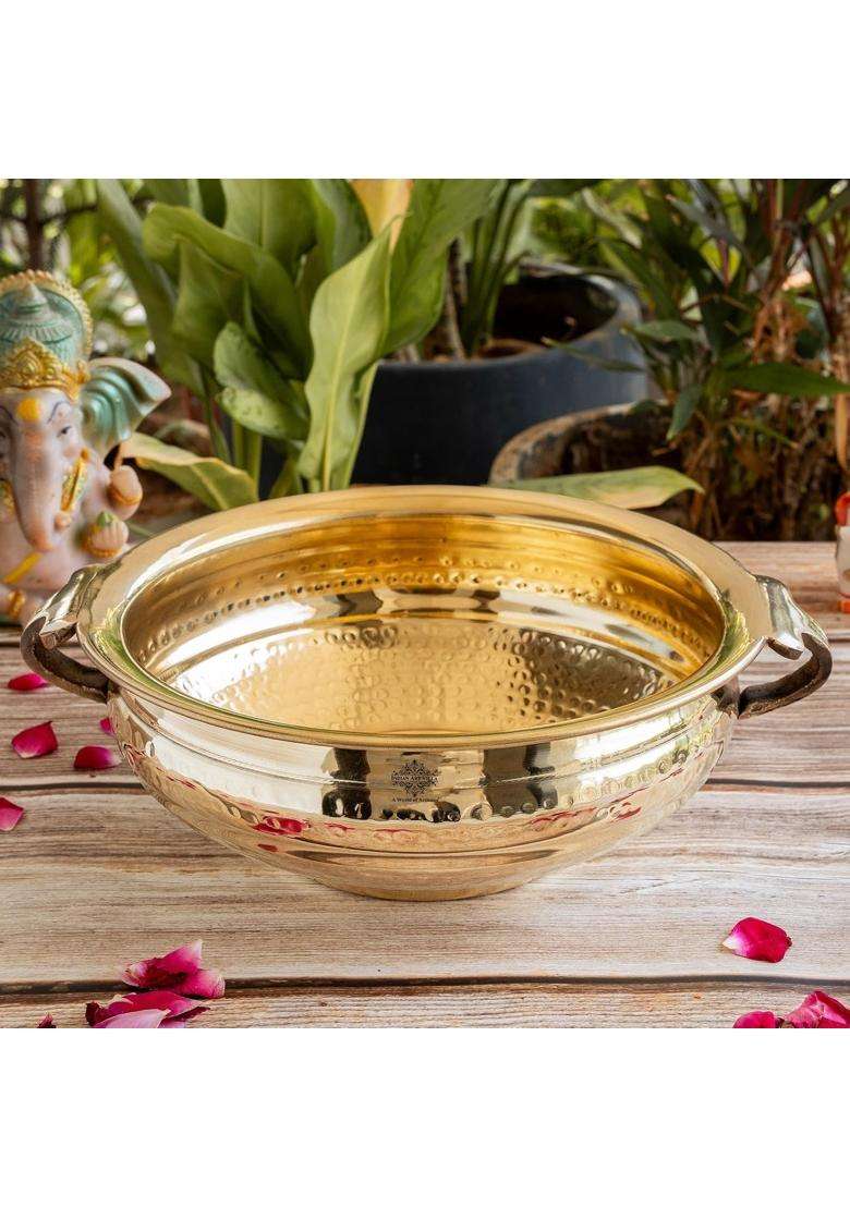 INDIAN ART VILLA Pure Brass Hammered Design Urli Decorative Bowl | 3500 ml | 118.3 fl oz | 10 Inch - Indya