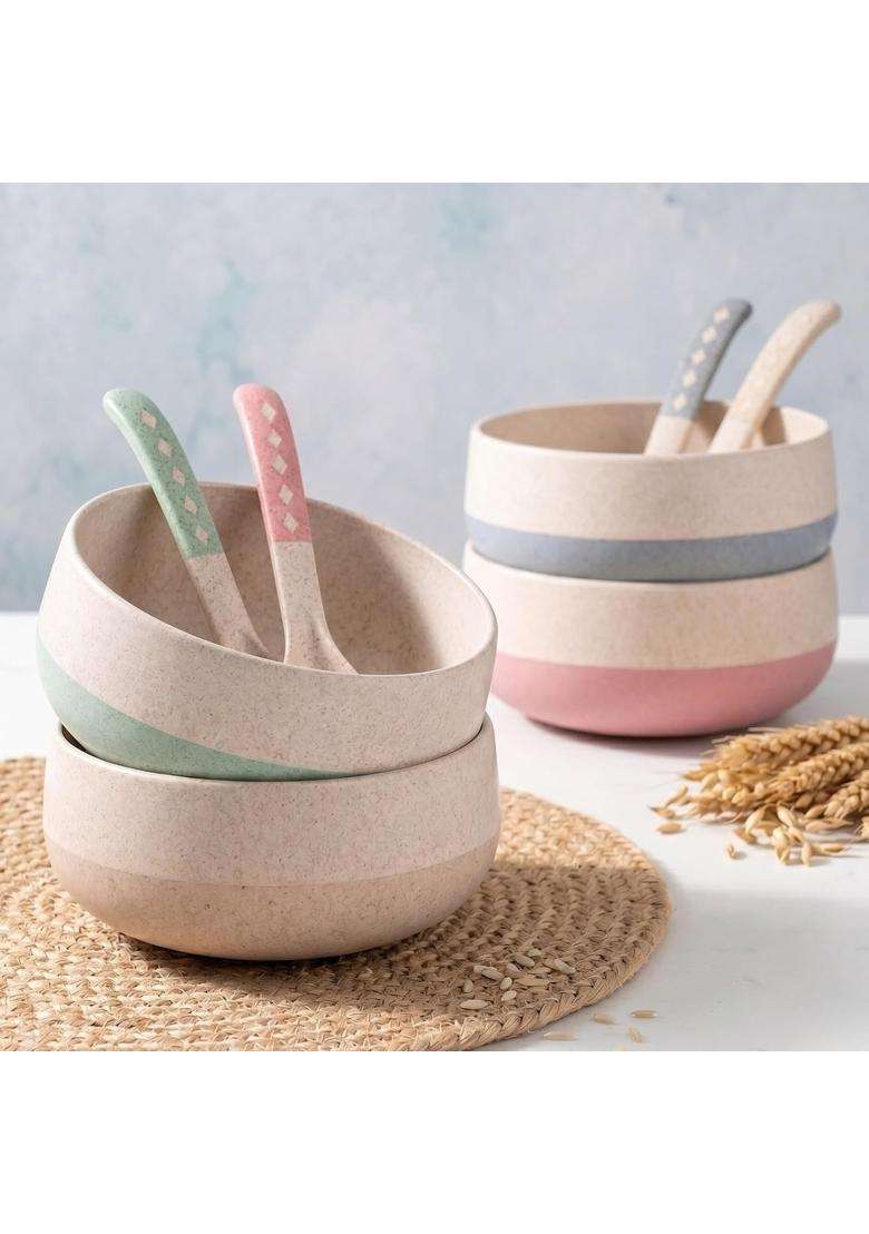 Eha Earth-Friendly Soup Bowls with Spoons | 250 ml | 8.5 fl oz | 4-Piece Set | Microwave Safe - Indya