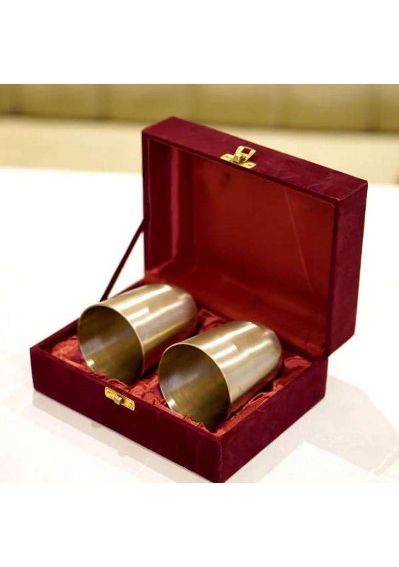 Brass Globe Bronze Kansa Glass with Velvet Box | 2-Piece Set - Indya