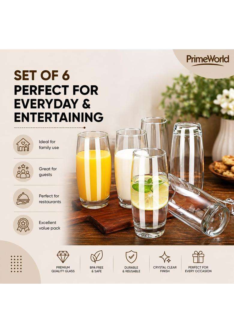 PrimeWorld European Barrel Hi Ball Glasses Pcs | 310 ml | 10.5 fl oz | 6-Piece Set | Lead Free - Indya