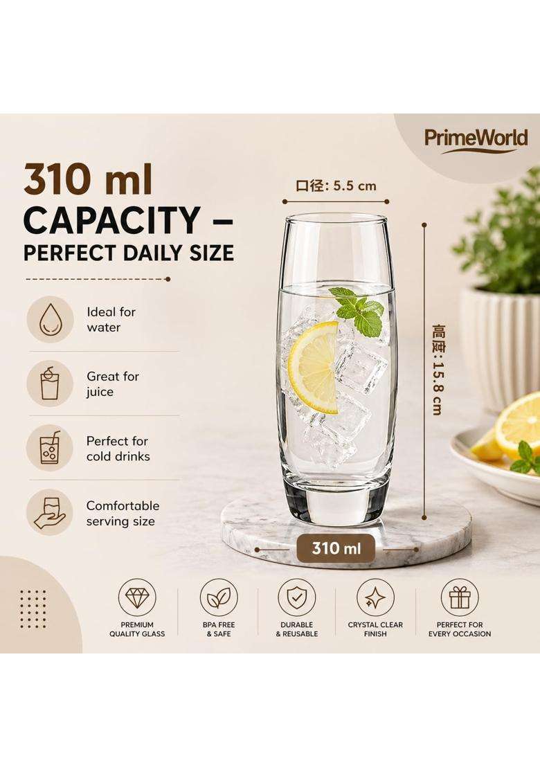 PrimeWorld European Barrel Hi Ball Glasses Pcs | 310 ml | 10.5 fl oz | 6-Piece Set | Lead Free - Indya