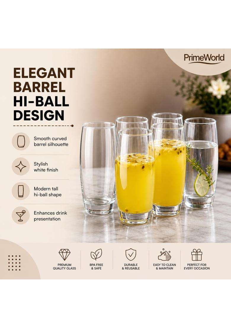PrimeWorld European Barrel Hi Ball Glasses Pcs | 310 ml | 10.5 fl oz | 6-Piece Set | Lead Free - Indya