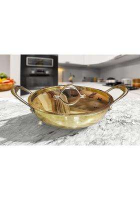 MORADABAD BRASS VILLA Brass Kadhai Wok with Lid | 1.5 L | 1.6 Qt