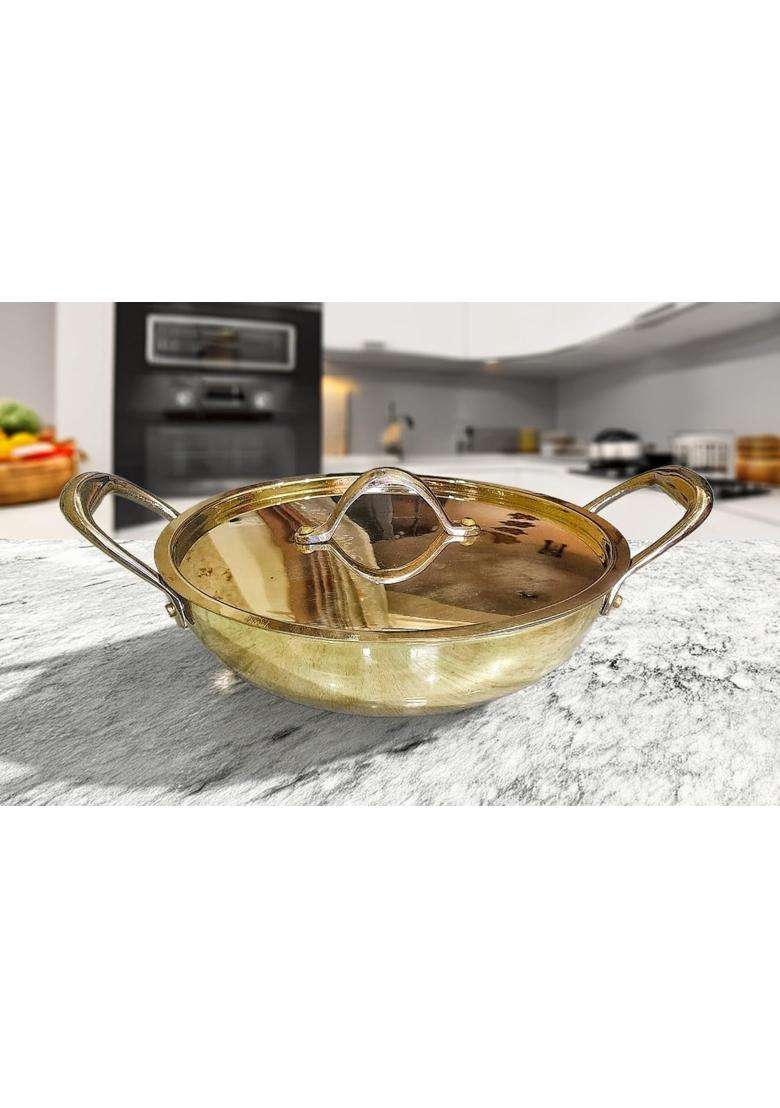 MORADABAD BRASS VILLA Brass Kadhai Wok with Lid | 1.5 L | 1.6 Qt - Indya