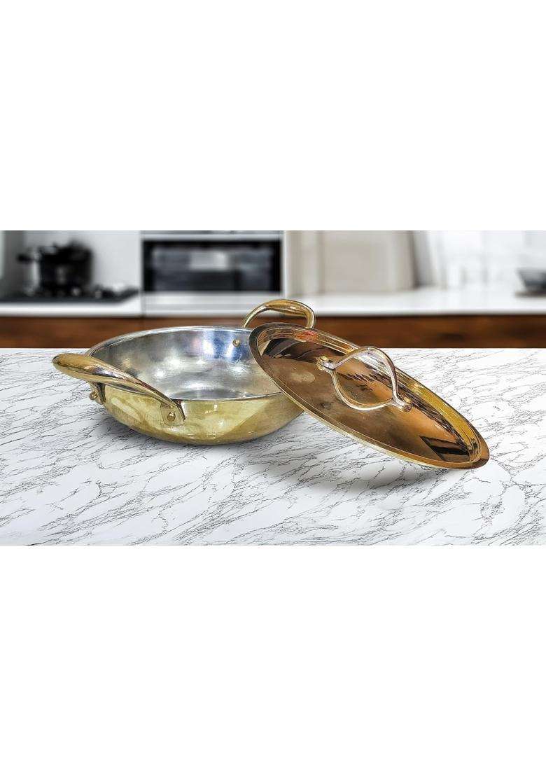 MORADABAD BRASS VILLA Brass Kadhai Wok with Lid | 1.5 L | 1.6 Qt - Indya