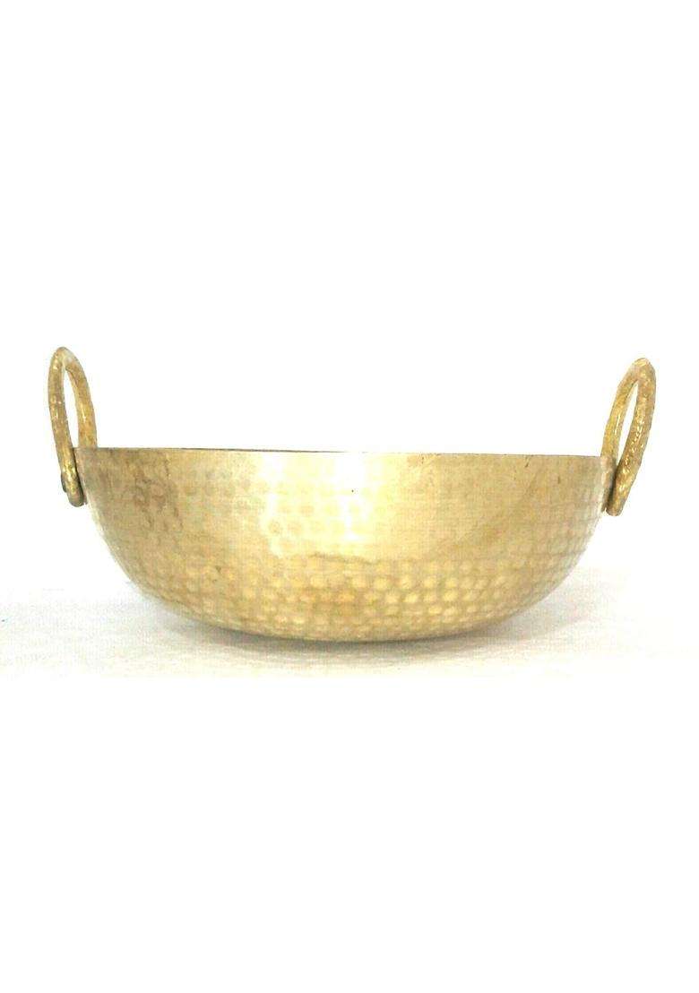 RewariCraft Pure Brass Hand Made Heavy Kadai Wok with Handle for Cooking | 2000 ml | 67.6 fl oz | 3.5 Inch - Indya