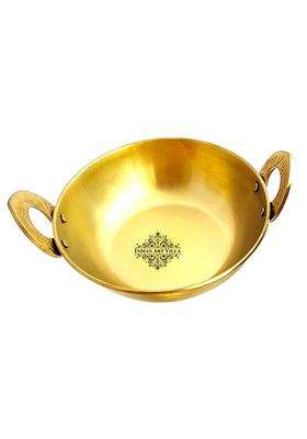 INDIAN ART VILLA Steel Brass Finish D W Hammered Kadhai Wok with Embossed Handle | 15 cm | 5.9 Inch | Handcrafted