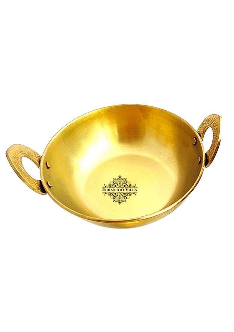 INDIAN ART VILLA Steel Brass Finish D W Hammered Kadhai Wok with Embossed Handle | 15 cm | 5.9 Inch | Handcrafted - Indya